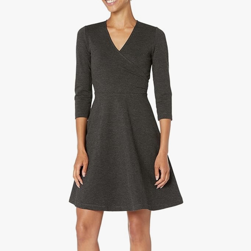 Lark & Ro Women's Three-Quarter Sleeve Faux Wrap Dress - Gray NWOT